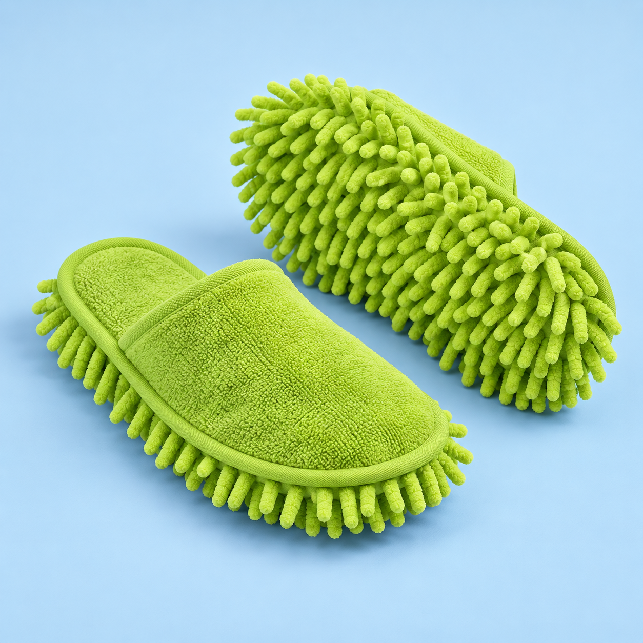 Biri tabanı görünecek şekilde duran bir çift yeşil mikrofiber temizlik terliği