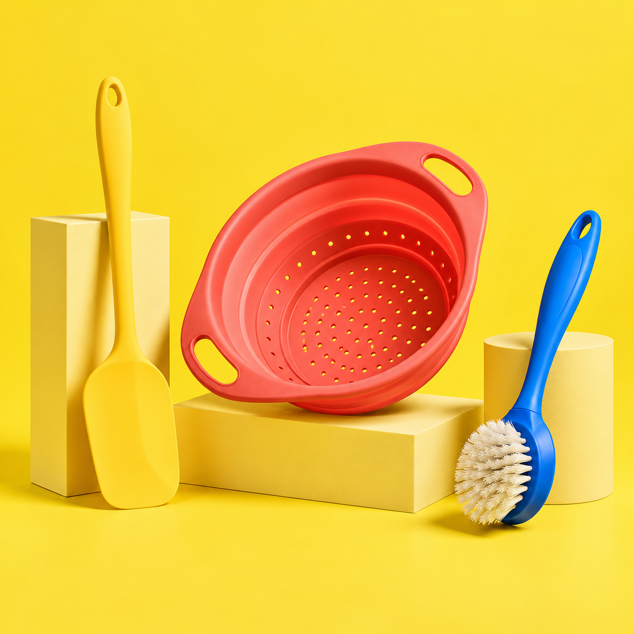 Sarı spatula, mercan renkli süzgeç ve mavi bulaşık fırçası